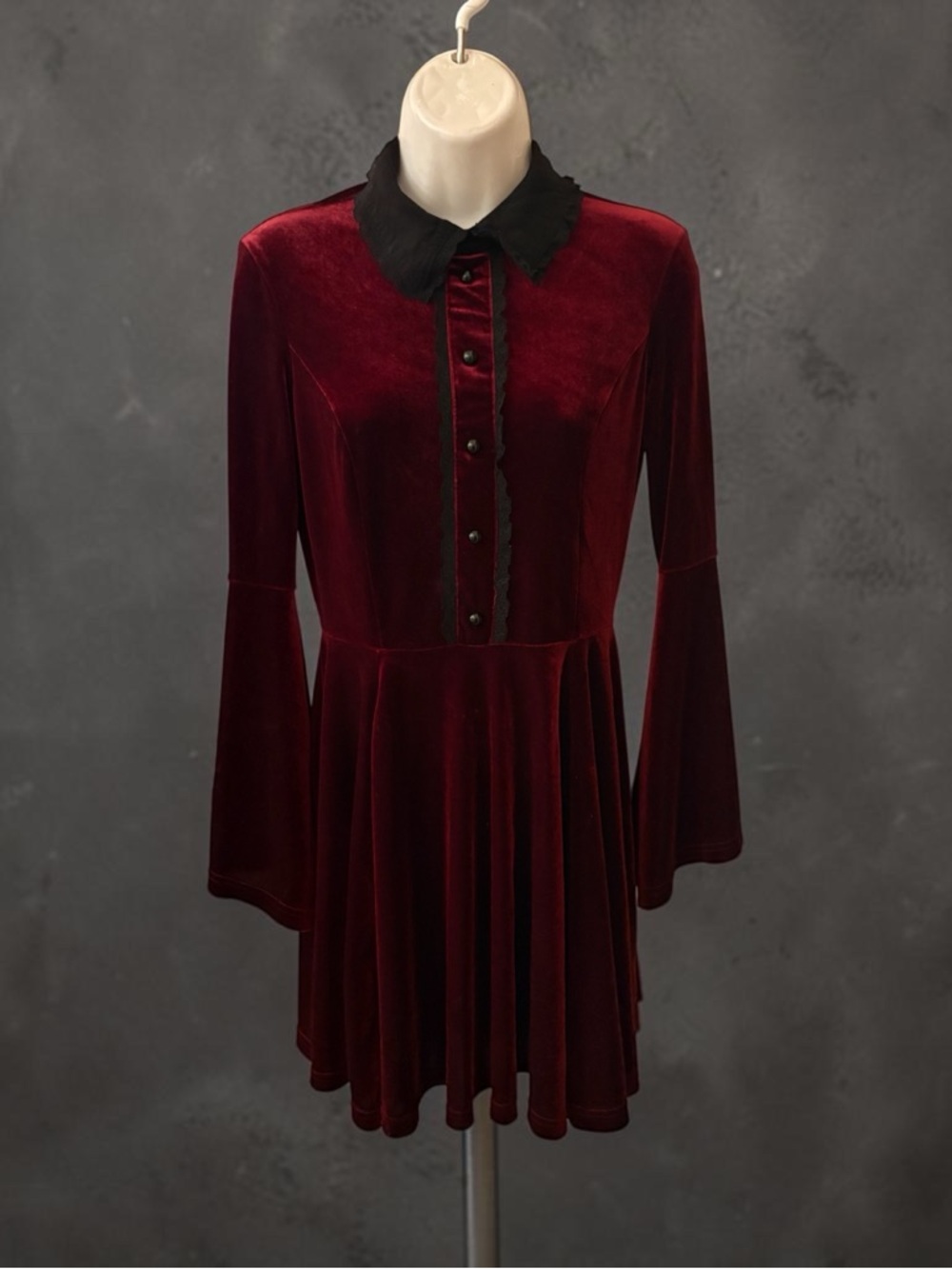 Velvet Fit-and-Flare Dress with Ruffled Collar